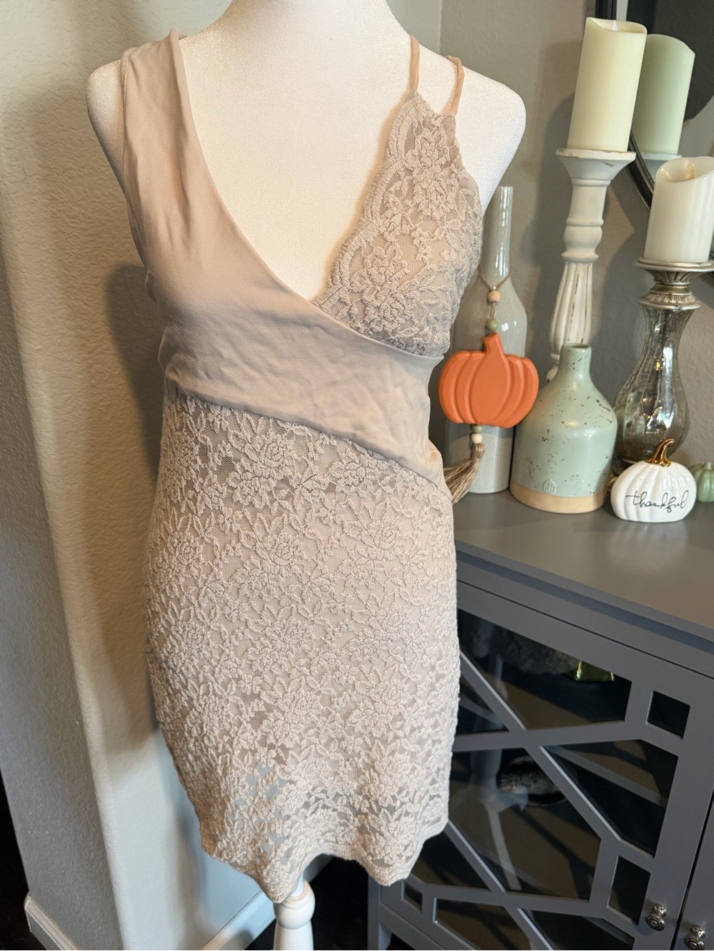 Free People Lace Mini Slip Dress in Light Blush- Women's V-Neck